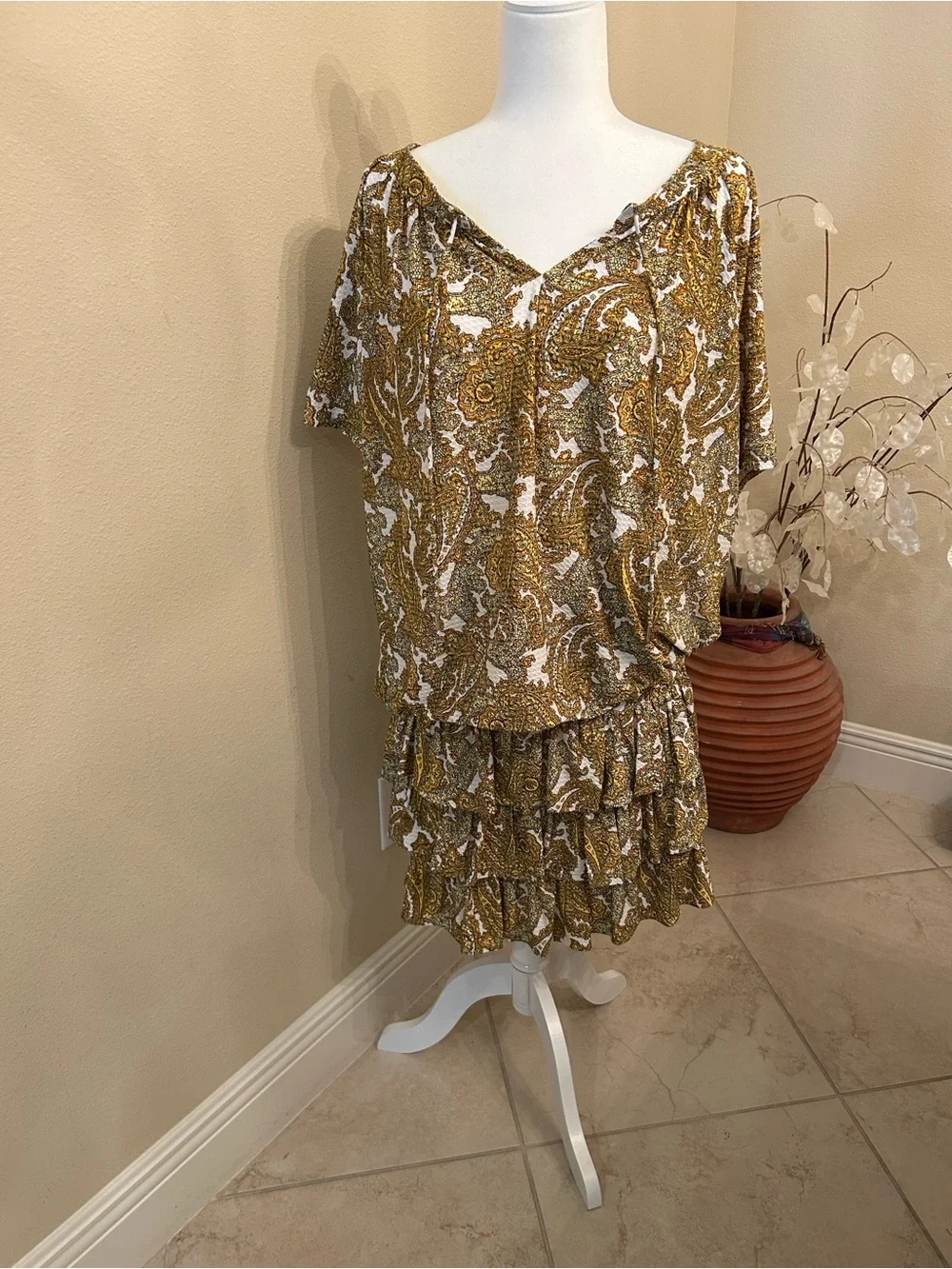 Michael Kors Women’s 2 Piece Mustard Paisley Ruffle Skirt and Blouse